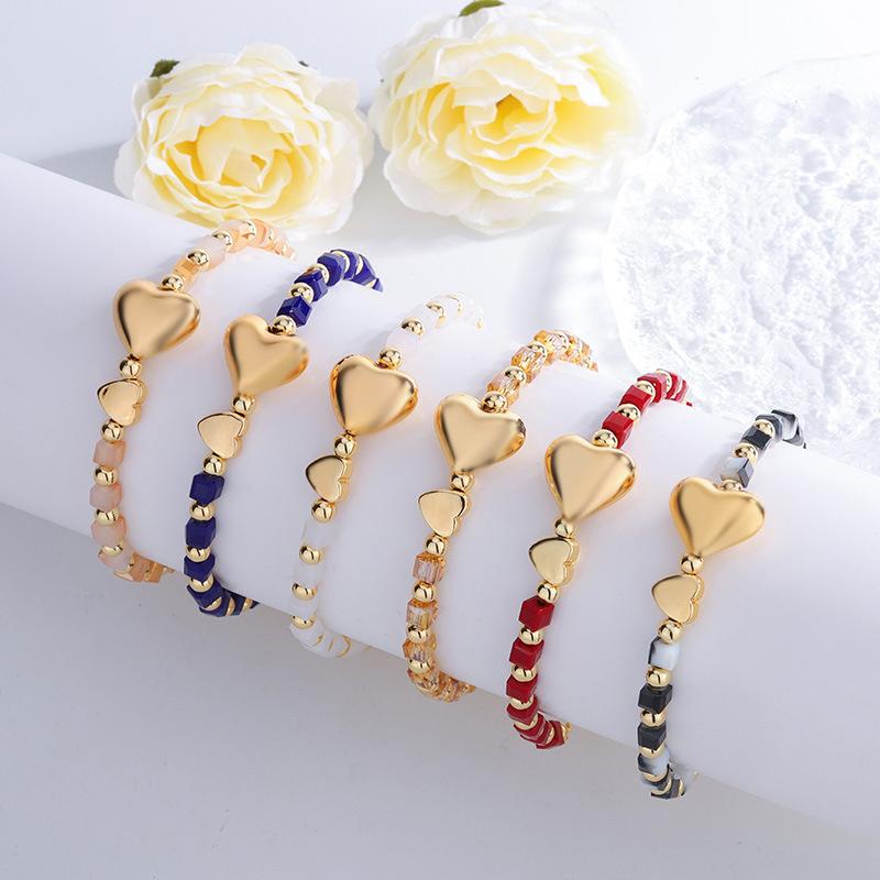Copper Gold Plated Heart & Artificial Crystal Bead Elastic Bracelet for Women