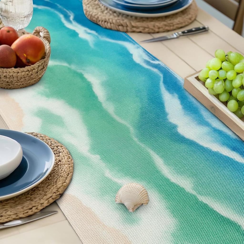 Bonhause Coastal Beach Table Runner 13x72 Inch Teal Blue Summer Ocean Kitchen Dinning Table Decoration for Indoor Outdoor Home Party Decor