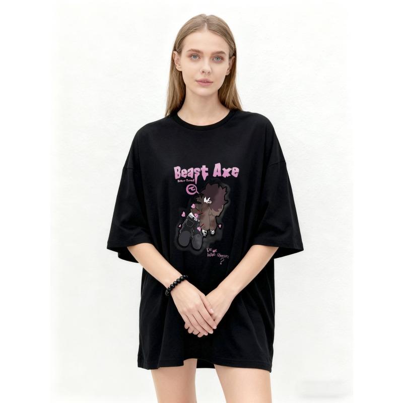 Oversized T-Shirt Black Beast Axe Cartoon Character Print For Casual Wear