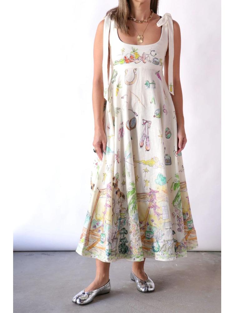 

Women s Printed Midi Dress with Tied Shoulder Straps Square Neckline Bohemian Style White Blue XXL