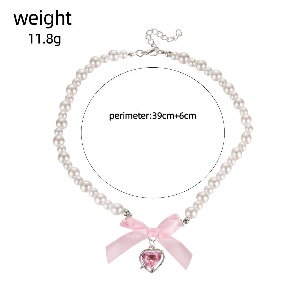 Women Romantic Pink Heart Bow Pearl Necklace Girl Sweet Collar Choker Clavicle Chain Party Jewelry