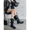 Cowhide Version But Knee Boots Women's 2025 New Thick Heel Round Head Thin Tall Knight Boots Pleated Pile Boots