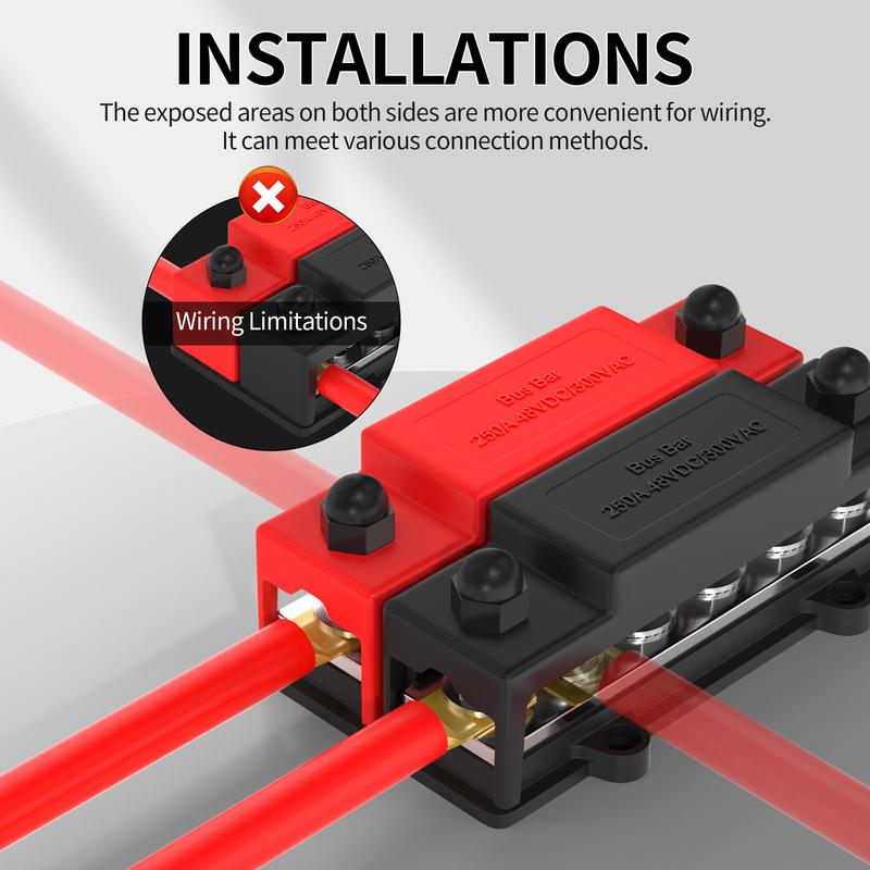 250A Dual Bus Bar 12V Dual Row Bus Bar Power Distribution Block 12 x 5/16" Terminal Studs Positive and Negative Battery Bus Bar