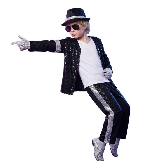 Kids 80s 90s Performance Costume, Black Sequin Jacket, Top, Trousers, Hat, Glasses, Gloves, 7 Piece Dance Party Outfits for Halloween, Stage