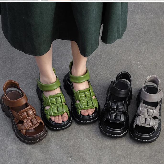 Johnature Ekte Skinn Pustende Håndvevd Sandaler med Tååpning Retro Pendler Kvinners Plattformsko
