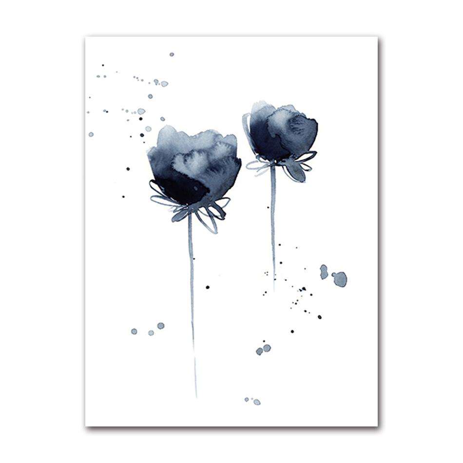 Watercolor Flower Poster Abstract Ink Blue Leaf Wall Painting Art On Canvas Modern Minimalist Image  Mural Roomdecoration