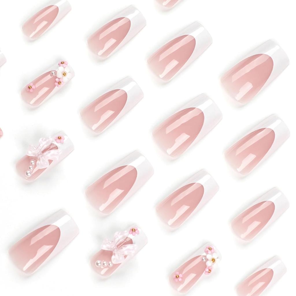 French False Nails, Medium Long Square Press On Nails with Glue 24pcs Pink Ballet Design Pink Fake Nails Gift for Women Girls (French Ballet