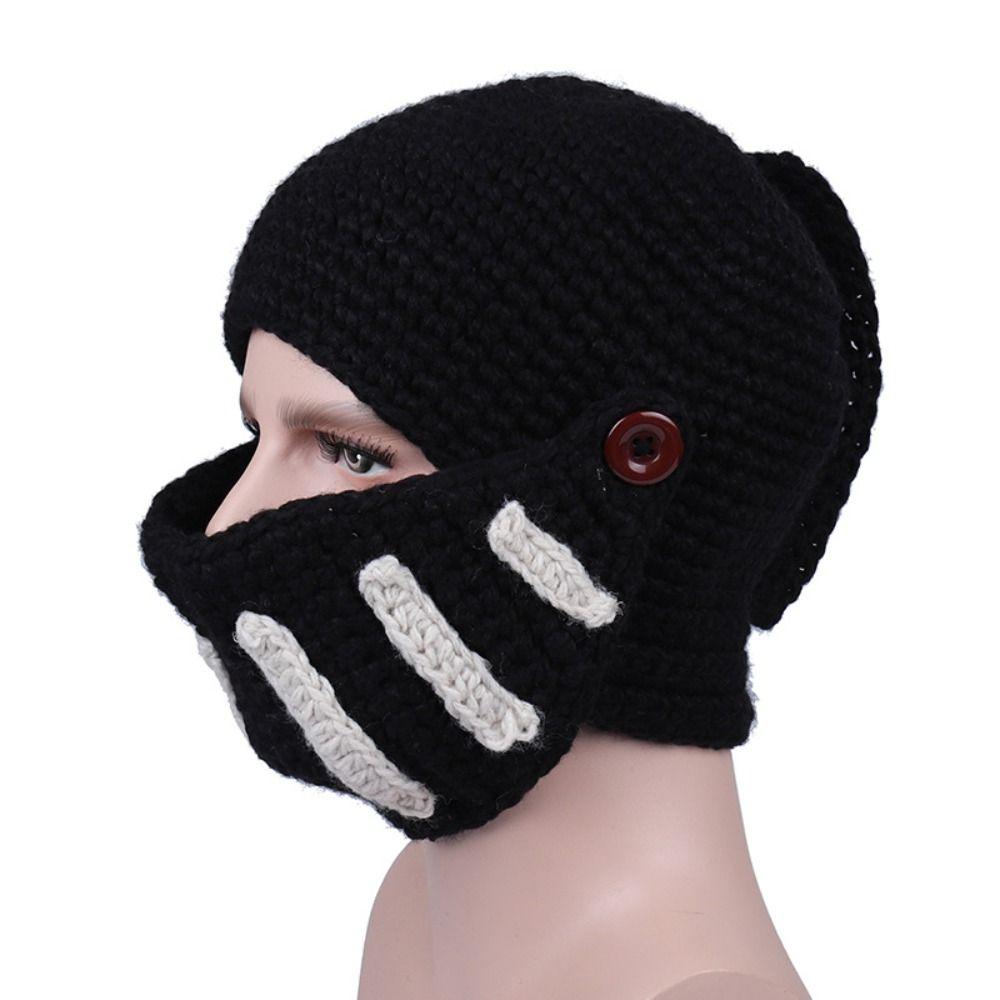Playful Knight helmet Hat with Mask Creative Knitted Roman Knight Cap Thick   Skiing