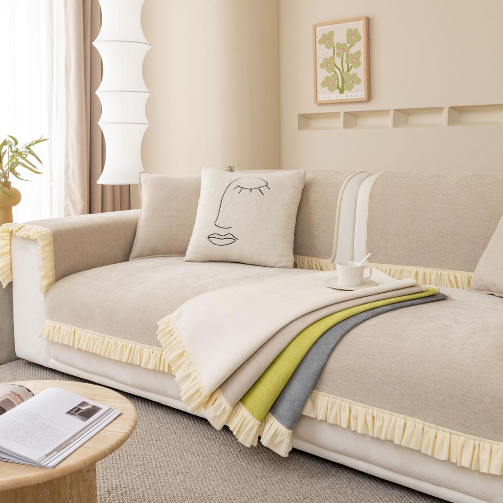 Fabric Sofa Cushion Cover Non-Slip Backrest Towel Cushion Four Seasons Universal Chenille Japanese Korean Style Living Room Solid Color Cover Cloth