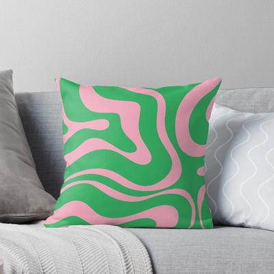 Retro Modern Liquid Swirl Abstract Pattern Square In Spring Green and Pink Throw Cushions & Pillows Without Core