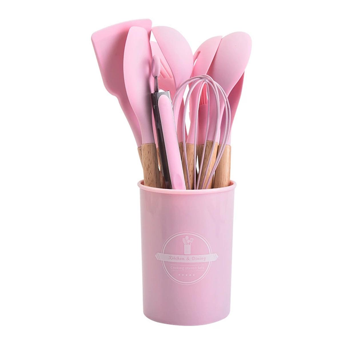 12-Piece Silicone Kitchenware Set with Wooden Handles - Non-stick and Heat Resistant Spatula & Soup Ladle