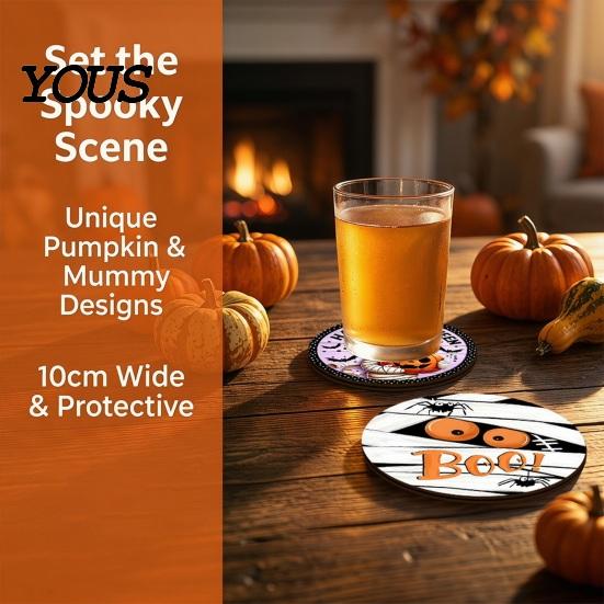 Coffee Table Protection Halloween Wooden Coasters, Decorative Drink Heat Resistant Mats Home Holiday Decorations for Mugs, Waterproof