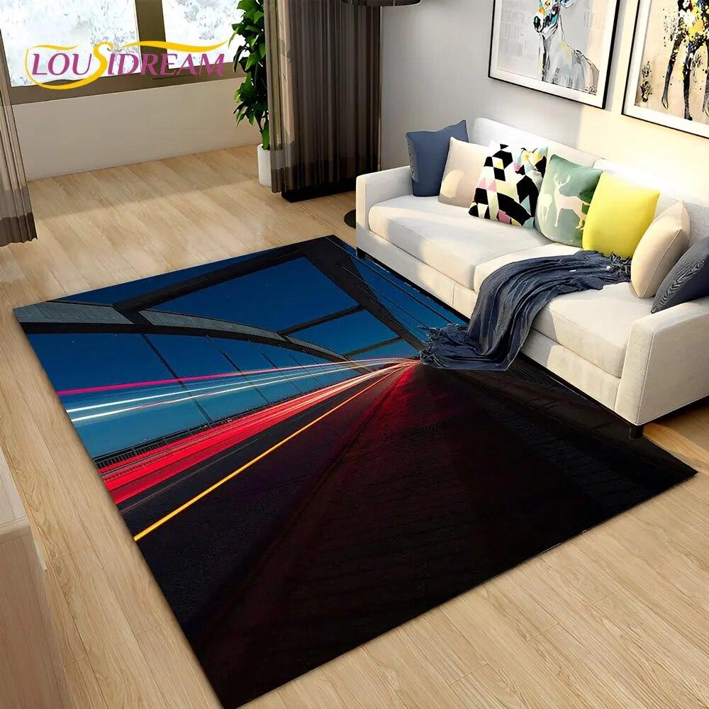 3D Neon Expressway Track Road Area Rug Large,Carpet Rug for Home Living Room Bedroom Sofa Doormat Decor,Kids Non-slip Floor Mat