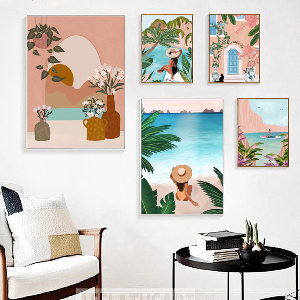 Marokko Frau Reise Wandkunst Leinwand Schwimmbad Tropisches Blatt Nordische Poster und Drucke Wandbilder für Wohnzimmerdekor