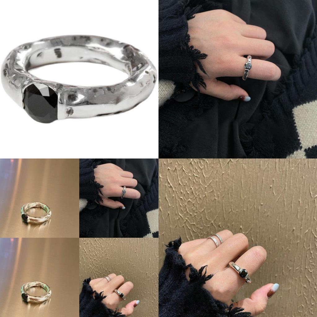 Einzigartiger Japanischer Minimalistischer Gehammerter Schwarzer Zirkonsteinring Für Damen Verstellbare Größe Stilvoller Paarschmuck
