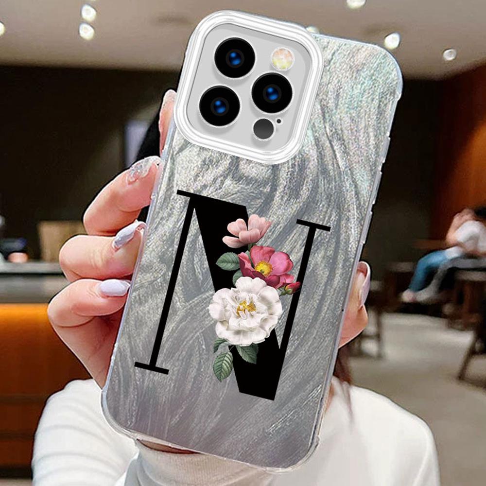 

Черный градиент с буквами AZ и цветком для Apple iPhone 16, 15, 14 Pro Max, 16Plus, 15Plus, 14plus, чехлы для телефонов, силиконовый прозрачный бампер, жесткая задняя крышка из ПК iPhone 15 Pro Max белый