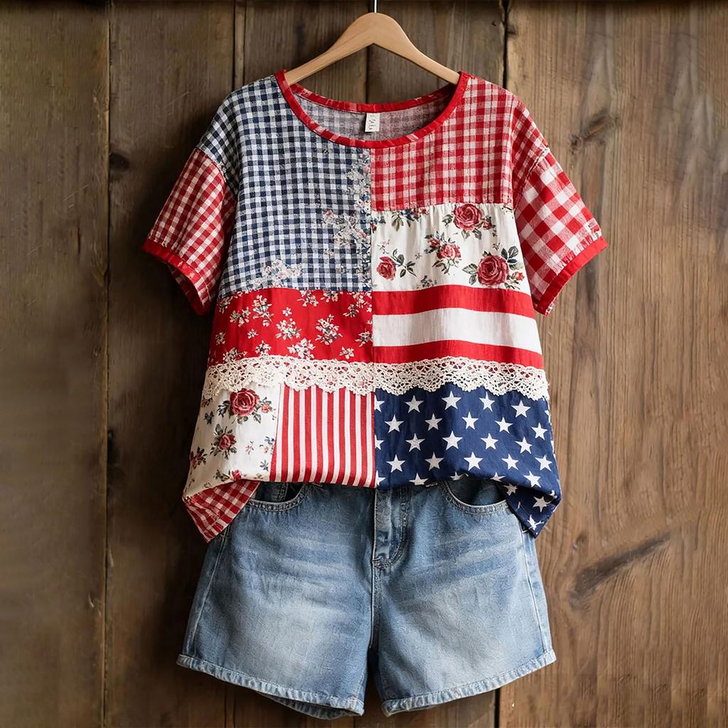 Women's American Floral Patchwork Print Casual T-Shirt 250Th Anniversary USA Shirt Patriotic Tshirt
