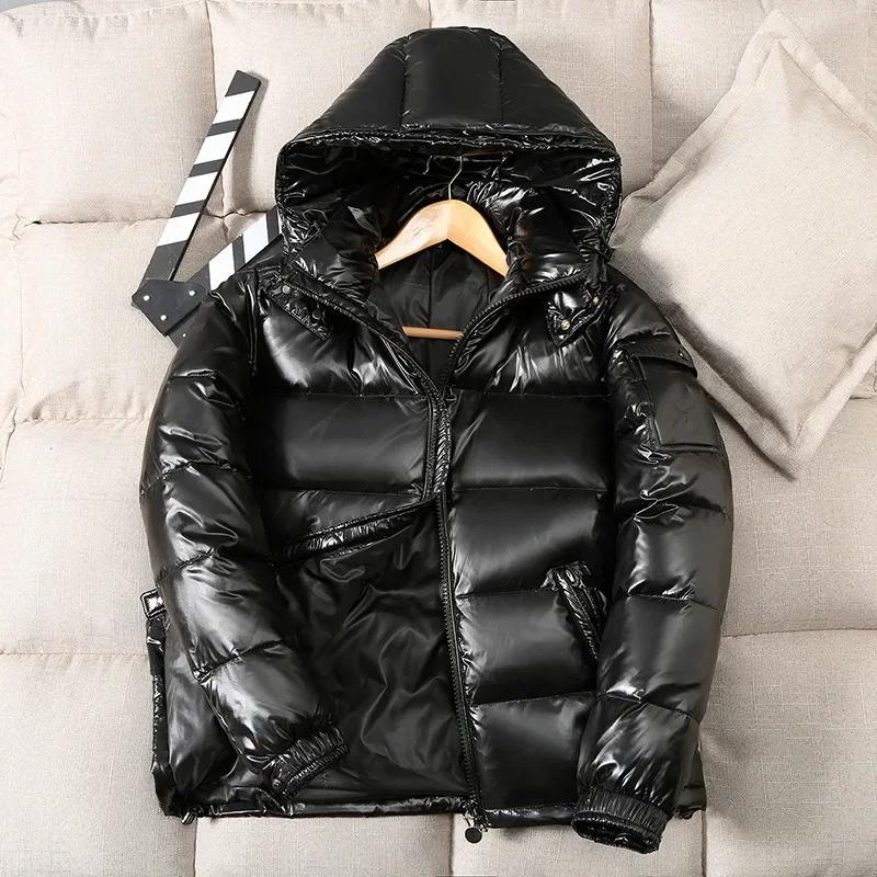 Winter Helle Daunen Herren Mode Freizeit Parka Jacke Dick Warm Glänzend Weiß Ente Reißverschluss Männlich Glänzend Kapuze Jugend Damen Jacke