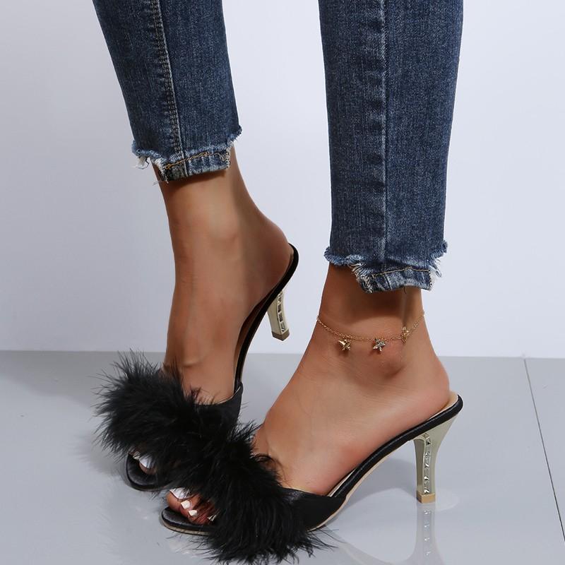 Classic Slides Slippers for Women Casual Strange High Heels Shoes for Women Solid Fur Leather Slip on Summer Slippers Plus Size