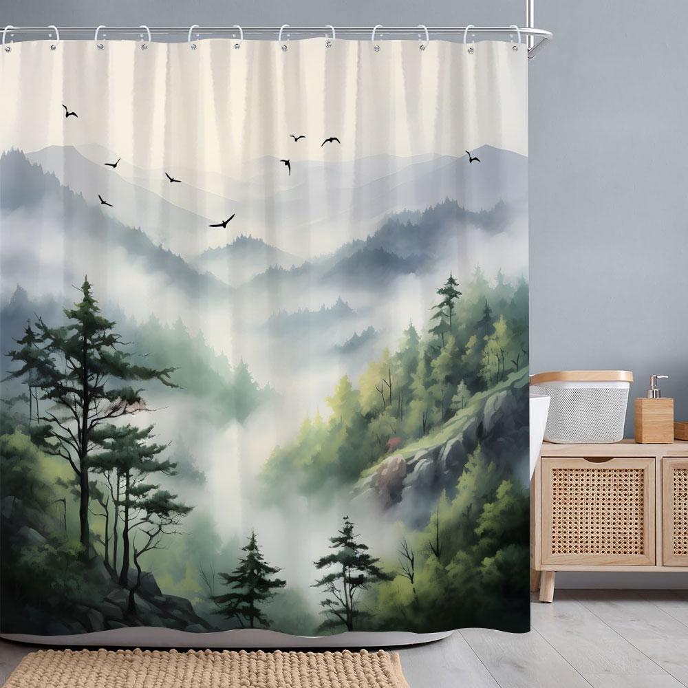 Misty Forest Watercolour Shower Curtain Geese Faraway Mountain Nature Landscape Fabric Shower Curtains Bathroom Decor with Hooks