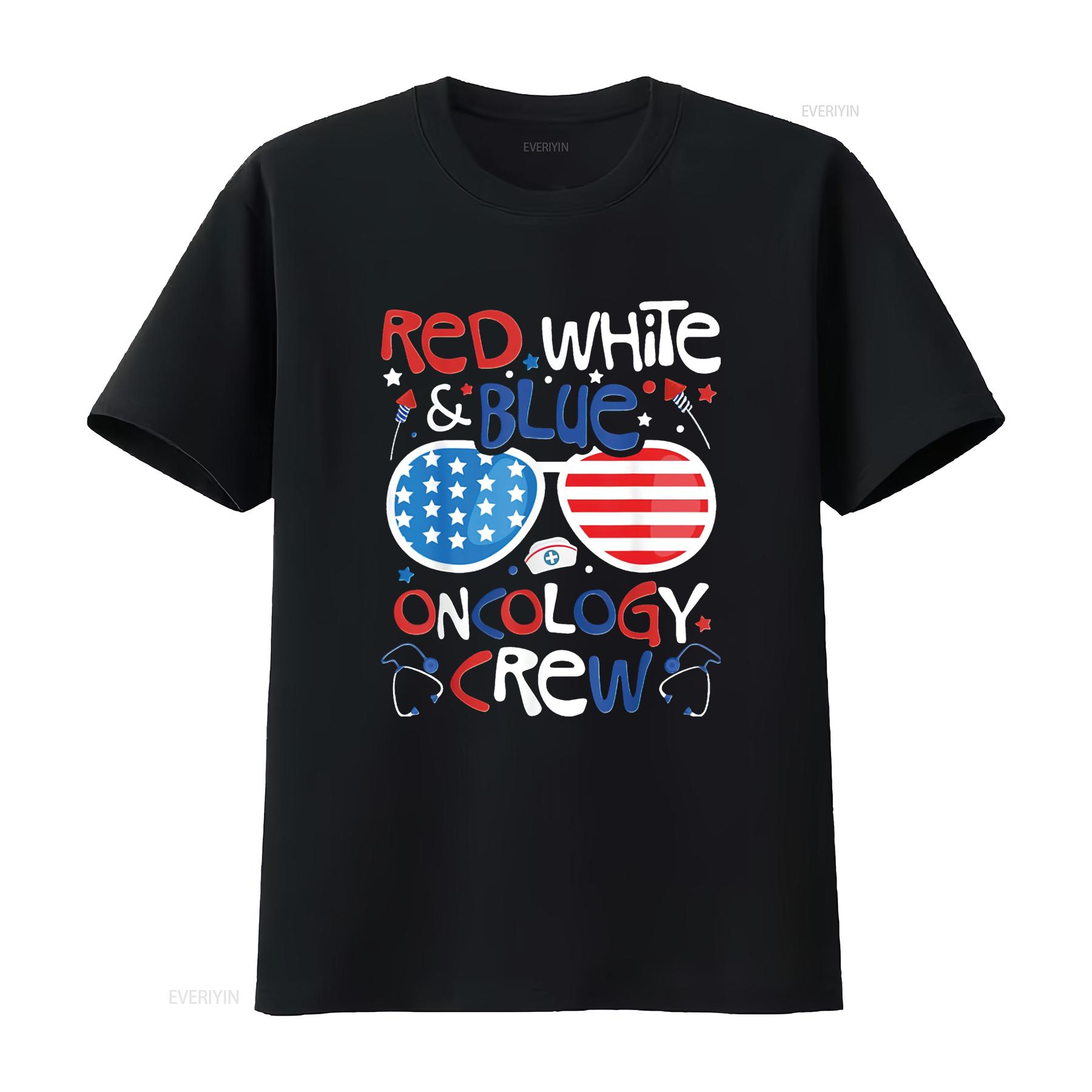 

4th of July Red White Blue Oncology Crew Patriotic Nurse Mens T Shirt Black XL vintage Washed Stretched Versatile Soft Casual 4XL