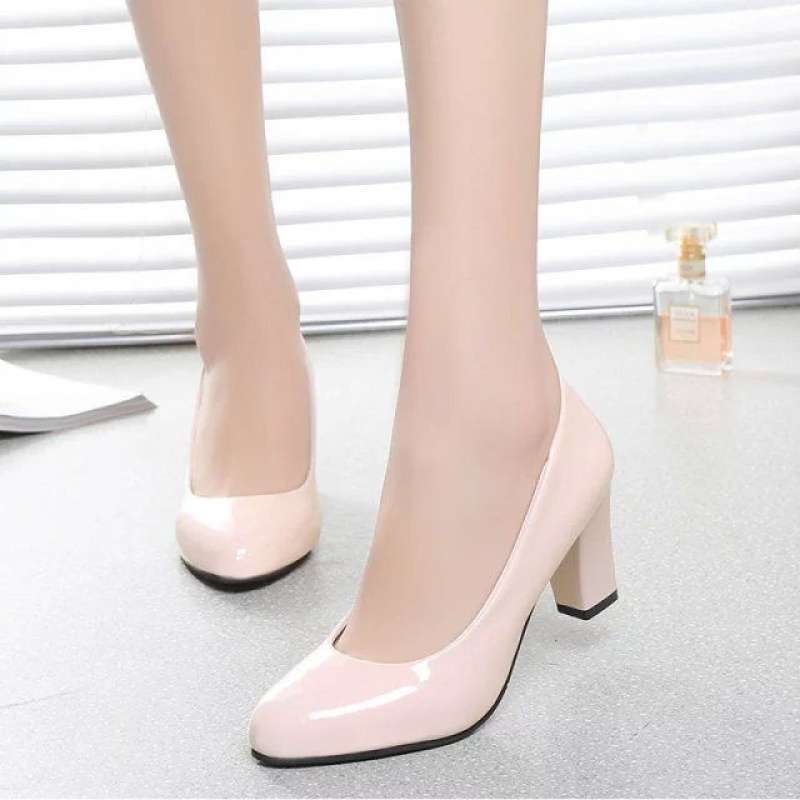 Single Shoes Women's Versatile Work High Heels Spring and Autumn Thick Heel Middle Heel Bow Patent Leather Nude Women's Rhinestone Single Leather Shoe