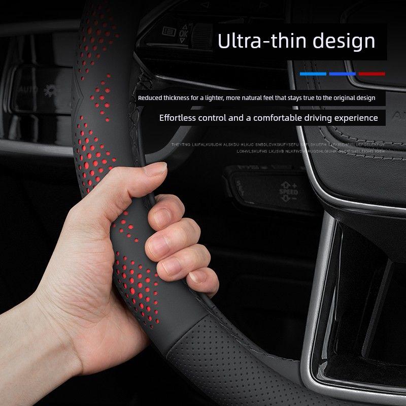 Steering Wheel Cover, Non-Slip, Sweat-Absorbent, Ultra-Thin, Round D-Shaped, Breathable, Universal for All Seasons, Genuine Leather, for Men and Women