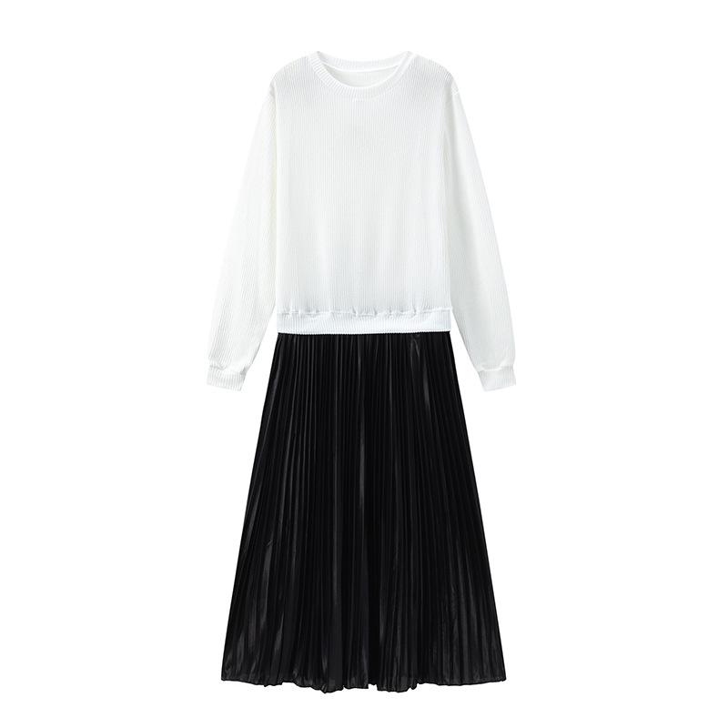 Women s Solid Color Knit Patchwork Pleated Dress, Long Sleeve Pullover for Spring/Autumn 2025 S