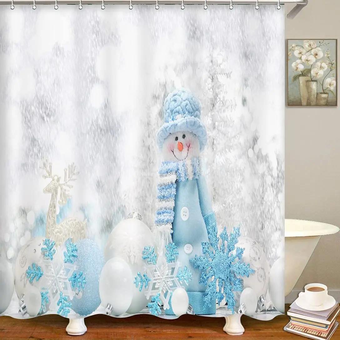 

Счастливого Рождества Набор штор для душа Белые звезды Снежинки Синяя шапка Снеговик Шторы Полиэстеровая ткань Декор для ванной комнаты С крючками 90x180cm-35x70in