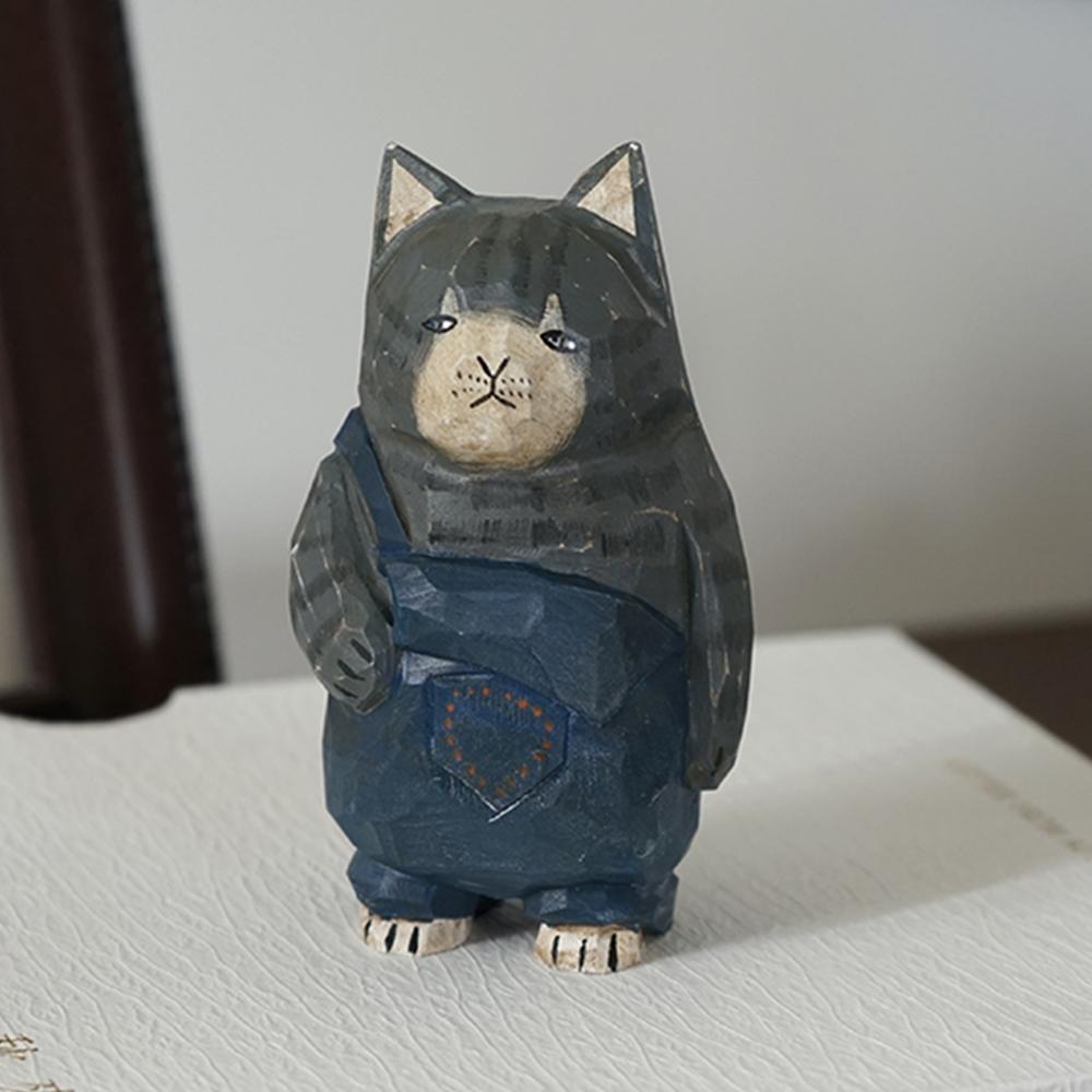 Vintage Cat Figurine Handmade Wood Carving Kitten Ornaments Small Animal Desktop Wood Cat Decoration Crafts Gift Christmas