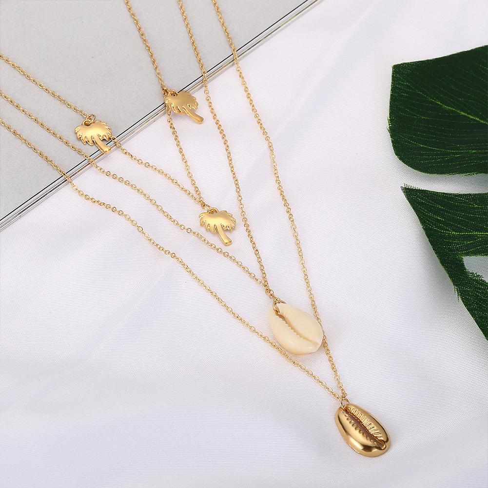 Women Unique Versatile Style Geometric Necklace Simple Shell Pendant Multi-layer Necklace