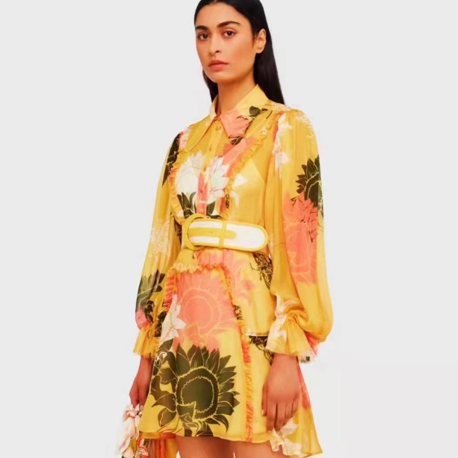 2023 Autumn Women's Short Dress: Lapel, Lantern Sleeves, Single-Breasted with Buckle Belt and Waist Print Detail