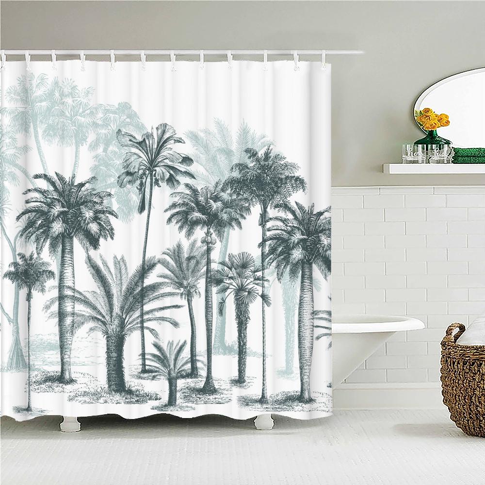 3D Shower Curtain Tropical Plants Palm Tree Birch Printed Waterproof Polyester Fabric Bath Curtains for Bathroom with Hooks