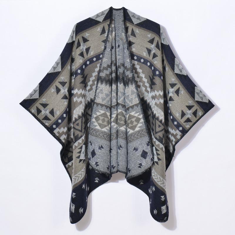 Ladies Split Jacquard Scarf Shawl Vintage Versatile Geometric Pattern Cardigan