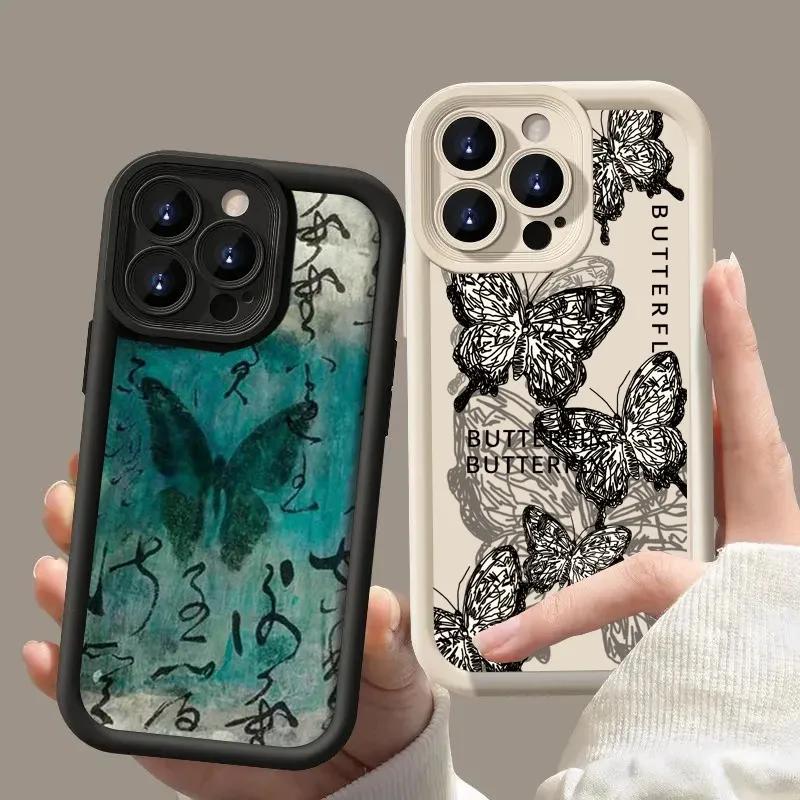 Premium Korea Style Case for iPhone 15 Pro Max 14 13 12 11 Xsmax XR- Art Oil Painting Butterfly Soft Phone Case for Women Girls Lady Full Body