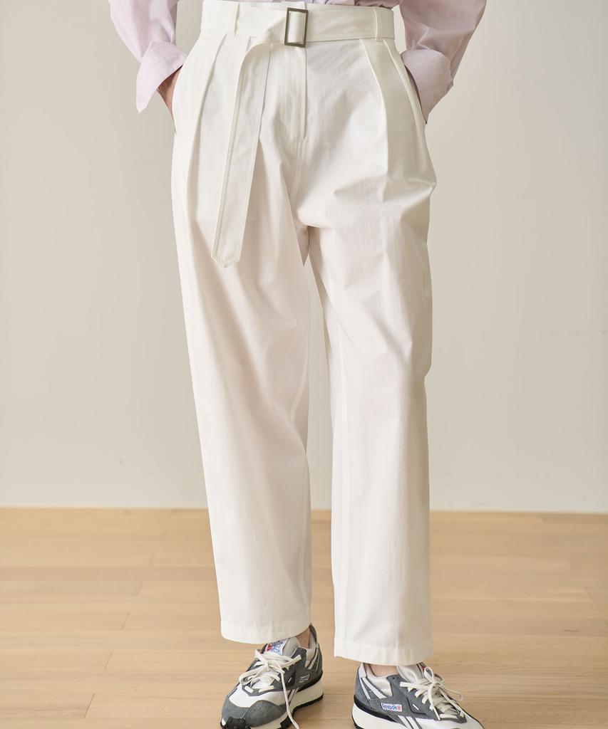 GRIDAJ Cotton Bio-Washed Belted Double-Pleated Pants _ White
