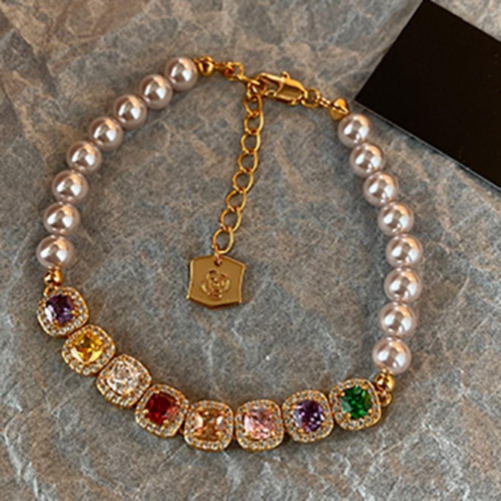 Vintage Rainbow Rhinestone Bracelet Ornaments Colored Zircon Bracelet Pearl Crystal Bracelet Gifts