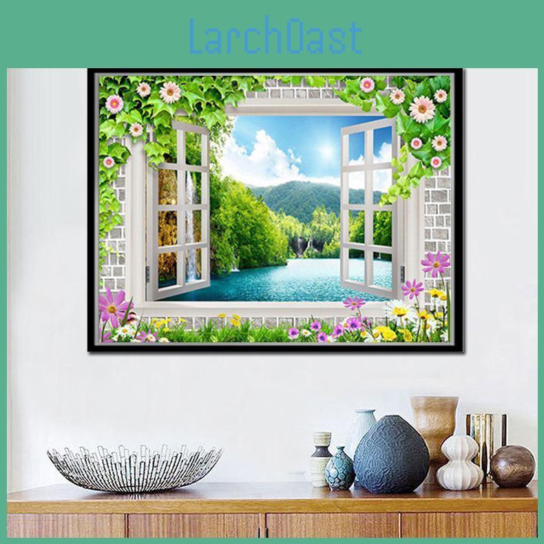 Full Drill Diy Round 5d Diamond Painting Scenery Flower Outside Window Cross Stitch Wedding Decor