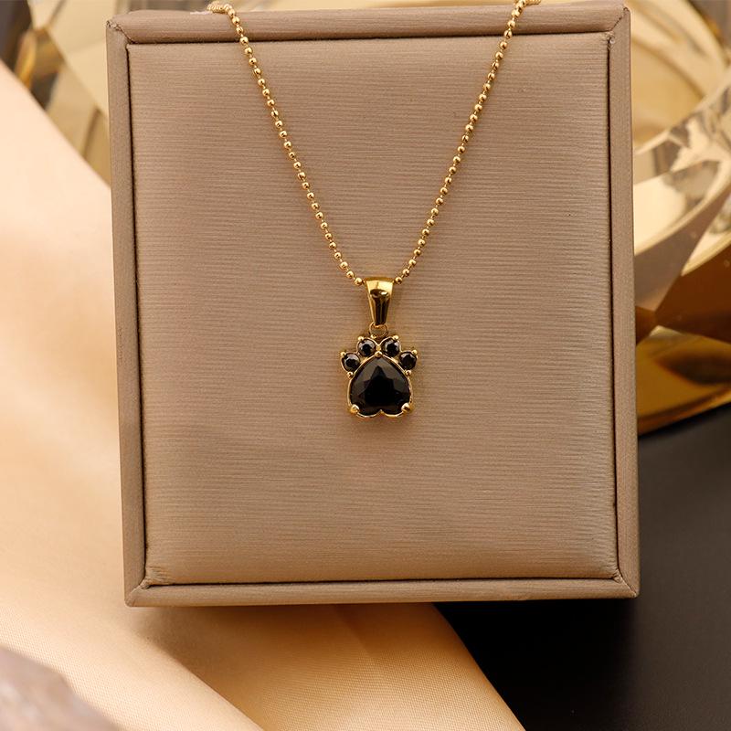 18K Gold-Plated Titanium Cat Paw Pendant Necklace with Colorful Zircon Hearts for Women