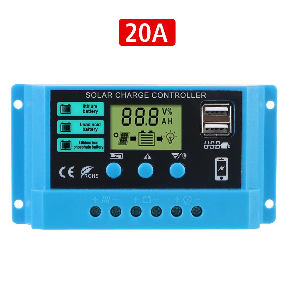 LCD-skjerm 12V/24V 30A 20A 10A Solregulator Solcellekontroller Dobbel USB 5V Utgang PWM Batterilader Auto