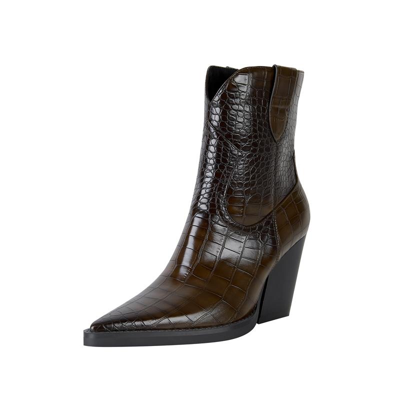 Fashion Kaky's New Pointed Stone Pattern Thick High Heels Large Women's Boots Western Boots Short Boots