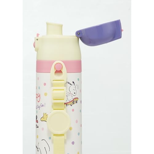 Skater Children's Water Bottle, 2-Way, 470ml (Direct Drinking) or 430ml (Cup Drinking), Snoopy Skateboard Design, for Boys and Girls, Stainless Steel,