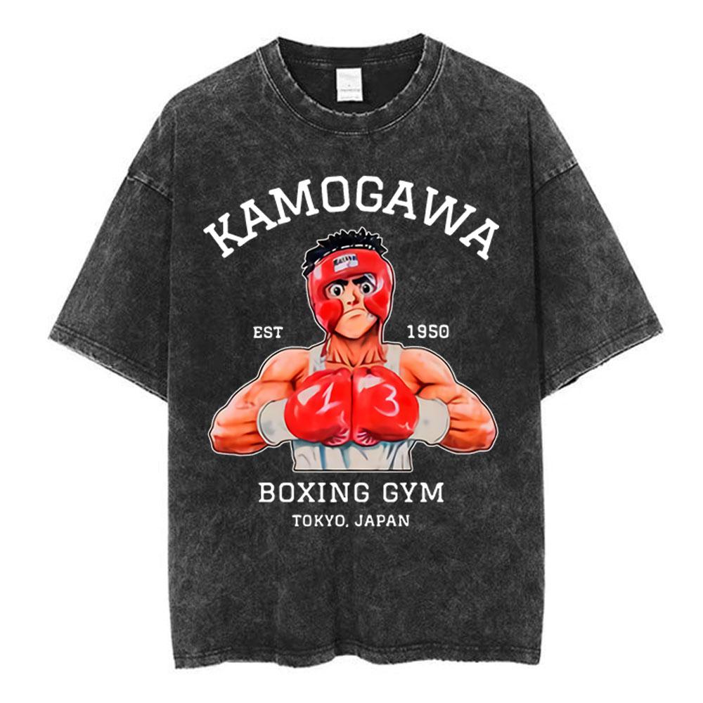 Anime Hajime No Ippo Makunouchi Vintage Washed Tshirt Takamura KGB T Shirts Kamogawa Boxing Gym Tshirt Men Manga Retro Tshirts