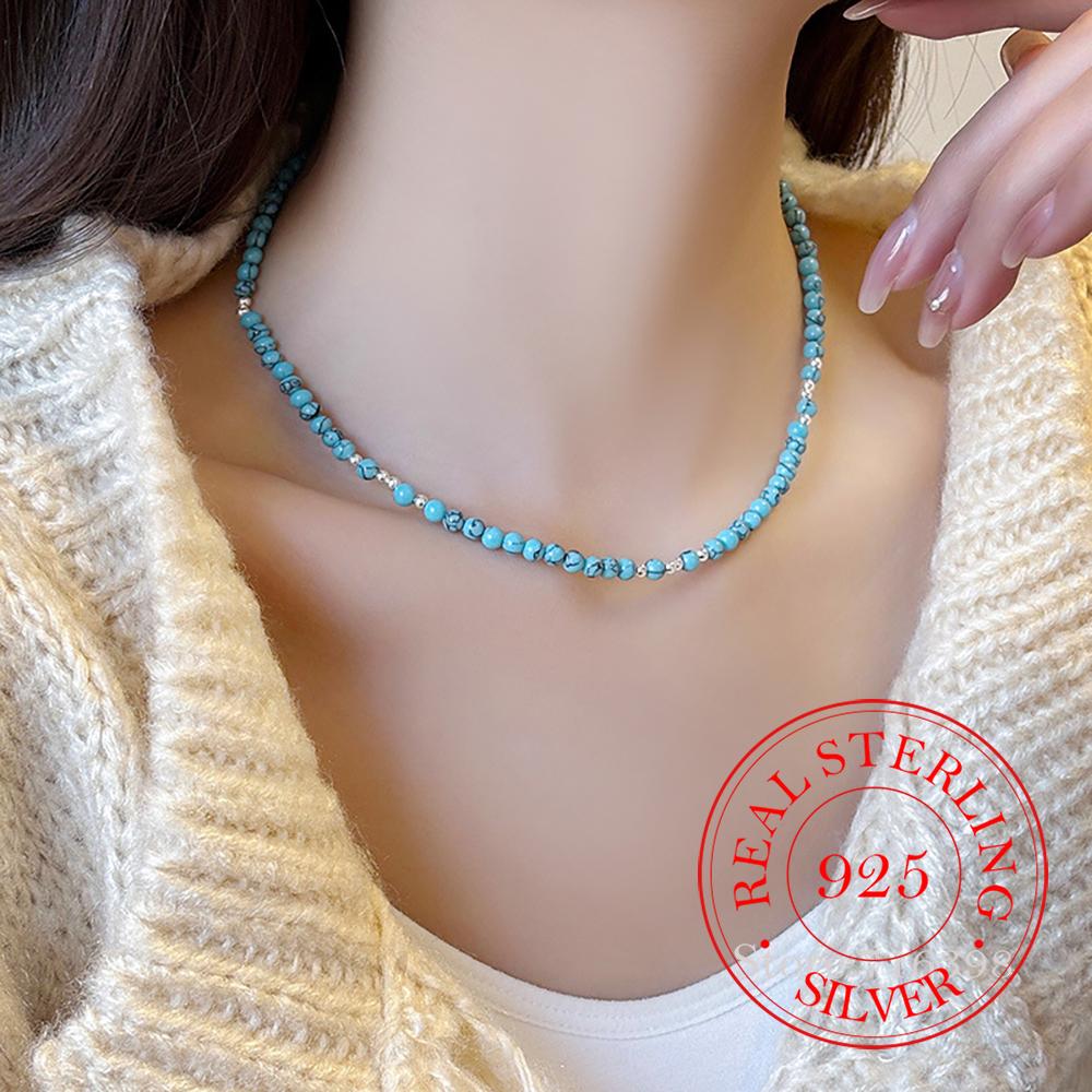 Collana da Donna in Argento Sterling 925 con Turchese, Onice Rosso e Nero, Collana a Catena per Maglione, Gioiello per Matrimonio, Festa, Regalo