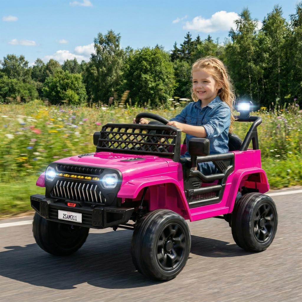 Auto Elettrica per Bambini 12V, Auto Elettrica per Bambini con Telecomando 2.4 GHz, 2 Motori, Clacson, Luci LED, Musica, per 3-8 Anni, Rosa