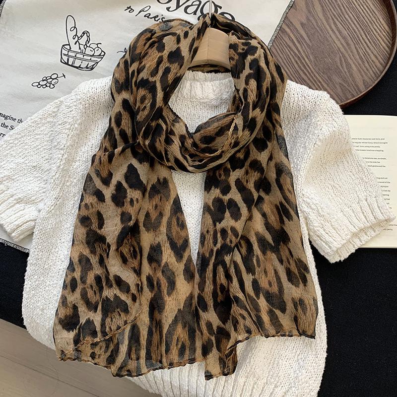 Retro Coffee Leopard Print Silk Scarf Neck Women's Thin Silk Scarf Long Strip High-end Scarf Shawl
