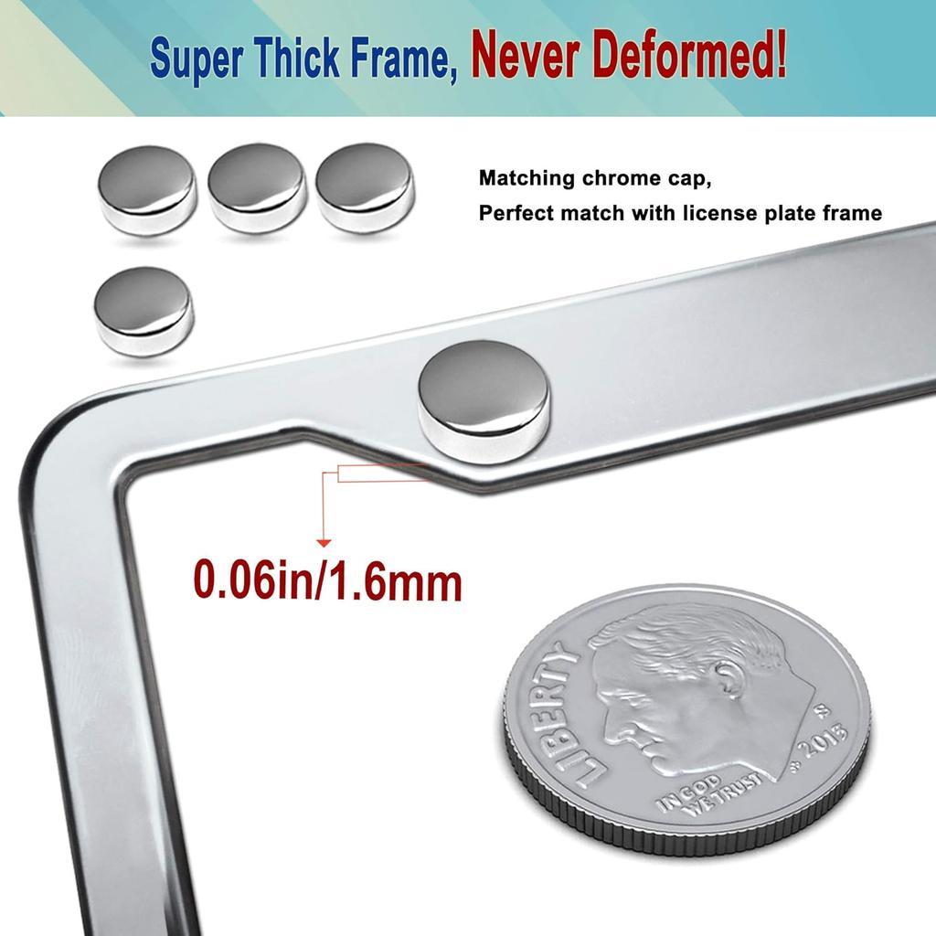 Stainless Steel License Plate Frames- 2 Pack Mirror Polished Car Plate Holder, With Screws, Chrome Caps, Heavy Duty Rustproof Metal Front Rear Car