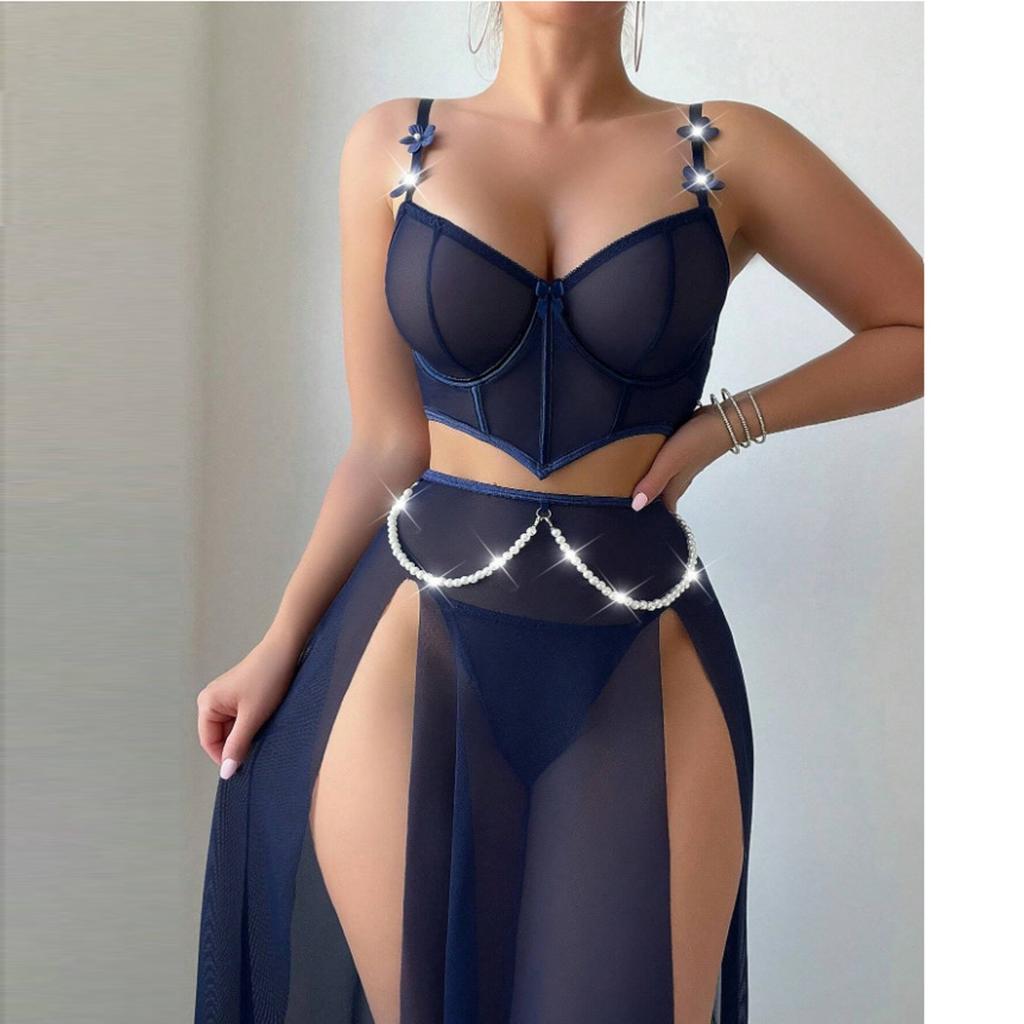 Damen Nachtwäsche Spaghettiträger Kleid Transparent Sexy Nachthemden Spitze Pyjama Sexy Set Lingerie