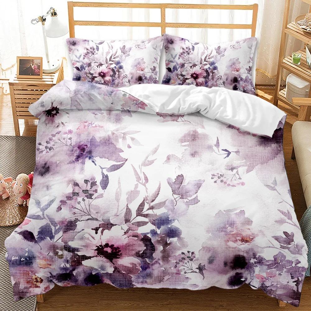 Vintage Botanical Flower Bedding Set Romantic Floral Duvet Cover Antique Drawing of Lilies Daisy Blossoms Polyester Quilt Cover