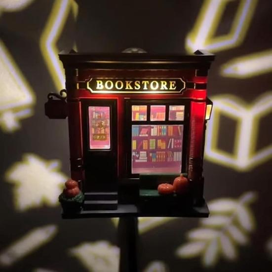 Bookstore Projector Nightlight 3D Mini Bookstore Wallflower Aroma Essential Oil Diffuser Wall Projector Night Light Room Decor Gift for Book Lovers